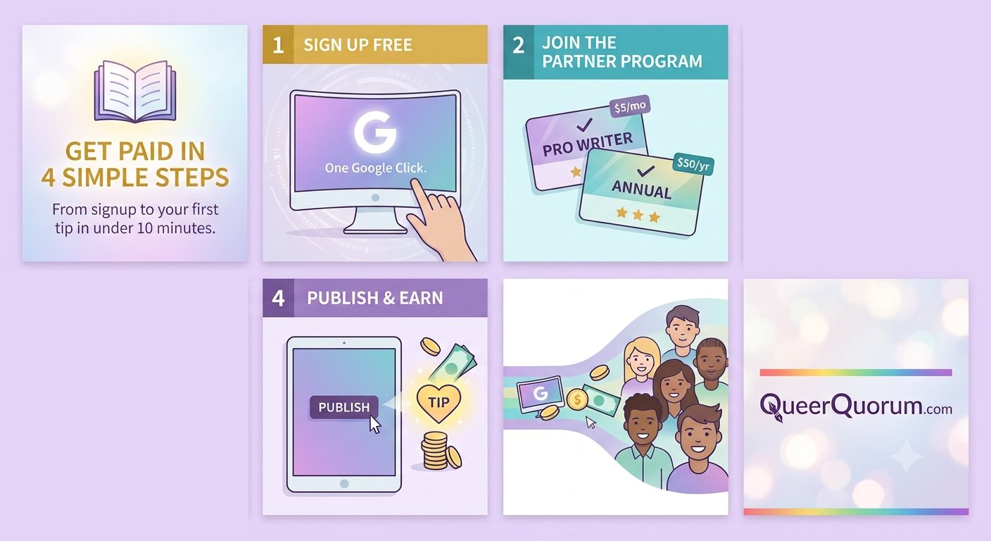 Get paid in simple steps: sign up free, join the Partner Program, then publish and earn.